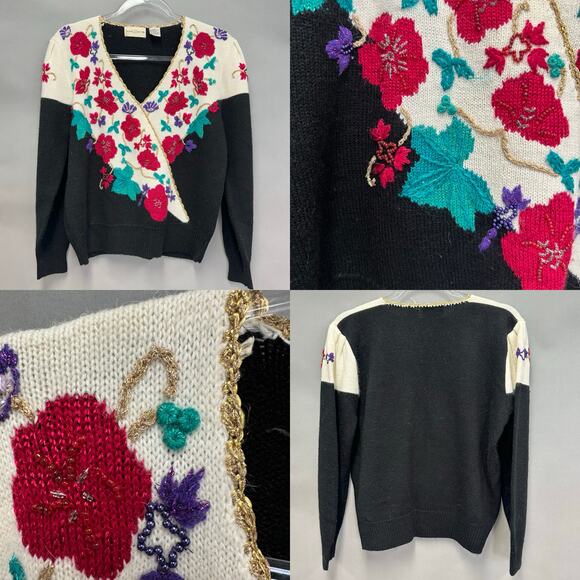 Vintage Jaclyn Smith Floral Embroidered Sweater Bold 80s Statement Size Large - Picture 4 of 16